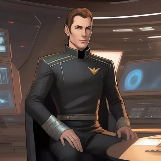 Prompt: a young muscular scifi elf starfleet admiral from vulcan, with short brown slicked back hair and elven pointed ears. pale skin, pointy elvish ears,  35 years old. He wears a 22th century retro futuristic black space coat. grey pants. black boots. in background is a spaceport. he is sitting next to a holographic desk surrounded by petty officials and starship captains in anthracite uniforms. rpg. rpg art. 2d art. 2d. comic art, comics art, very well drawn faces. extremely detailed.