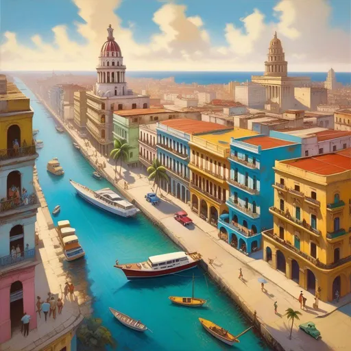 Prompt: Aerial view of Havana, Cuba, 1950s, cartoony style, extremely detailed painting by Greg Rutkowski and by Henry Justice Ford and by Steve Henderson