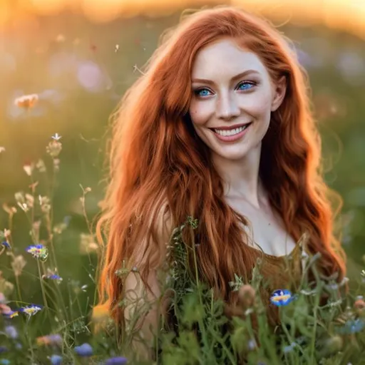Prompt: highly detailed beautiful 30 year old woman, long lucious red hair and bright emerald bright green eyes, meadow, colorful wildflowers, modern, soft lighting, smiling, joyous, 105mm, Creative Bokeh, Close Up – long focal length, low-angle, 3d ray tracing, daytime background, golden hour, direct backlighting, rim lighting, outdoor lighting, subsurface scattering unreal engine 5, octane render, trending on artstation, deviantart, brown tones, 4k, cute freckles, seductive, fashionable,