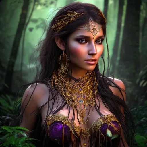 Prompt: HD 4k 3D professional modeling photo hyper realistic beautiful enchanting dark incan sorceress peruvian woman dark hair brown skin brown eyes gorgeous face purple dress and gold  jewelry nature magical rainforest  landscape hd background ethereal mystical mysterious beauty full body