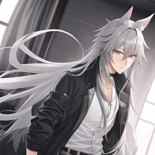 Prompt: Your OC is a little mangled horse, with gentle ash-gray eyes. He has long grey hair. Masculine anime style