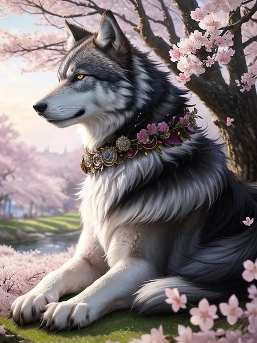 Prompt: alluring fantasy (wolf:8), canine quadruped, stunning, photo realistic quality, magical environment, furry tail, 8k eyes, cherry blossoms; highly stylized fur and tail, fantastically intricate detailed, extremely complex art, masterpiece, by Thomas Kinkade, by Ismail Inceoglu, trending on Instagram, HARDWARE Photographic Art Direction, WLOP 5, realistic body, centered, anime Character Design, Unreal Engine, Beautiful, Tumblr Aesthetic,  Hd Photography, Hyperrealism, Beautiful Watercolor Painting, Realistic, Detailed, Painting By Olga Shvartsur, Svetlana Novikova, Fine Art