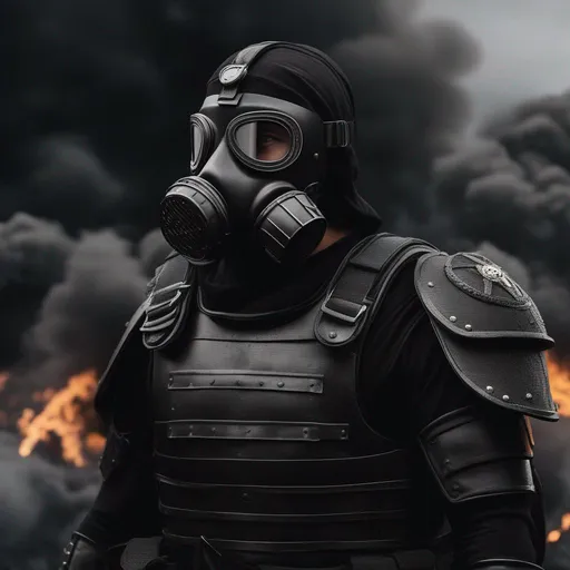 Prompt: A depression modern roman military male in black military roman armor, and gas mask, end of the world, Hyperrealistic, sharp focus, Professional, UHD, HDR, 8K, Render, electronic, dramatic, vivid, pressure, stress, traumatic, dark.