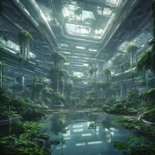 Prompt: Abandoned Futuristic City overgrown with lush green plants reflection lake light blue sky