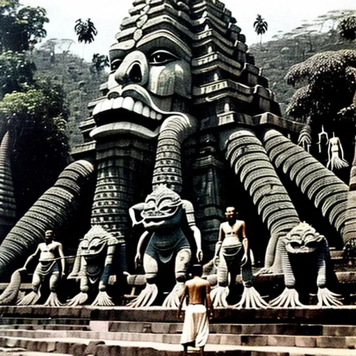 Prompt: giant living creatures found in Indonesia temple circa 1950
