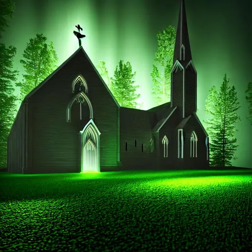 Prompt: long shot, bunnyburns a church, green flames, dark lighting, heavenly lighting, mysterious body of water, 3d render, highly detailed