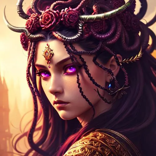 Prompt: Medusa, fantasy art, illustration, dark fantasy, epic, fantasy, intricate, hyper-detailed, scary, blood dripping, bloodthirsty gore, highly detailed facial features, highly detailed body, chiseled features, artstation, concept art, smooth, sharp focus, ray tracing, vibrant, photorealistic