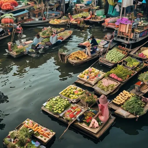 Floating markets amidst tall futuristic skyscrapers... | OpenArt