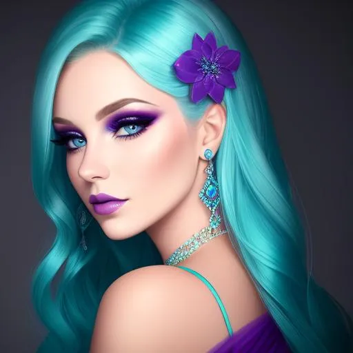 Prompt: Lady with blonde hair, colors of aqua and purple, stylish makeup, soft light,  fantasy