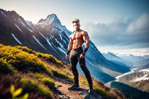 Prompt: full body photo of a muscular male on a mountain,  blond hair, beauty, abrasions, muddy, nature, award-winning professional photography, center frame, (sharp focus), intricate detail, (best quality, uhd, 8k), (balanced colors)!!, (bright diffused lighting), photorealistic, hot guy, Indian, 