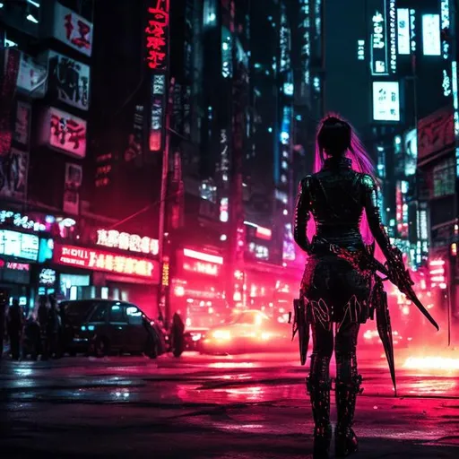 Prompt: 4k. Focused. Gorgeous. black and neon killer lady. Switchblade weapon. Bloody. Beautiful. Deadly.. Full body. Accurate. realistic. evil eyes. Slow exposure. Detailed. Dirty. Dark and gritty. Post-apocalyptic Neo Tokyo .Futuristic. Shadows. Armed. Fanatic. Intense. 