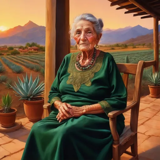 Prompt: Old woman in a green dress, gold -and gemstone jewelry, sitting on porch, agave field sunset view, traditional painting, warm and vibrant colors, detailed wrinkles and serene expression, high quality, traditional art style, warm tones, soft sunset lighting, nostalgic atmosphere, hills, mountains