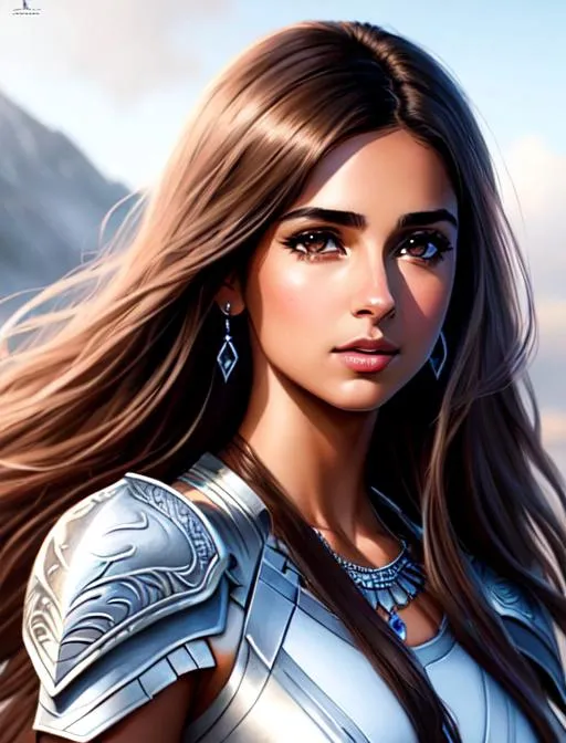 Prompt: Naomi Scott, movie poster, parted bangs, brown hair, brown eyes, battlefield setting, ethereal, white dragon armor, jewelry set balayage wild hair, royal vibe, highly detailed, digital painting, Trending on artstation , HD quality, tan skin, Big Eyes,artgerm, by Ilya Kuvshinov 