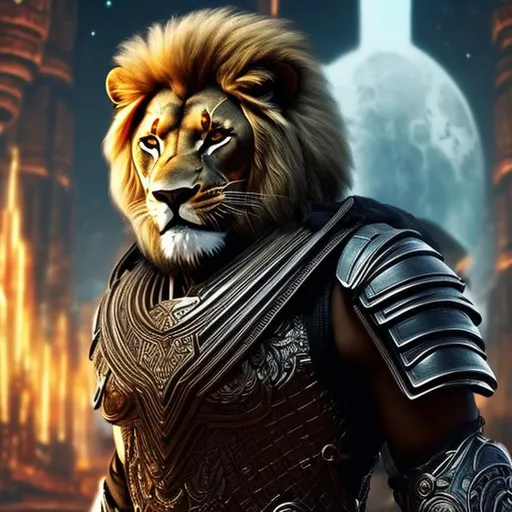 Prompt: sci-fi armored, Mask, a fusion between a man and a lion, in temple background, {{holding sword}}