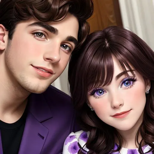 Prompt: Woman wearing a purple dress,  with a young man with dark hair, facial closeup