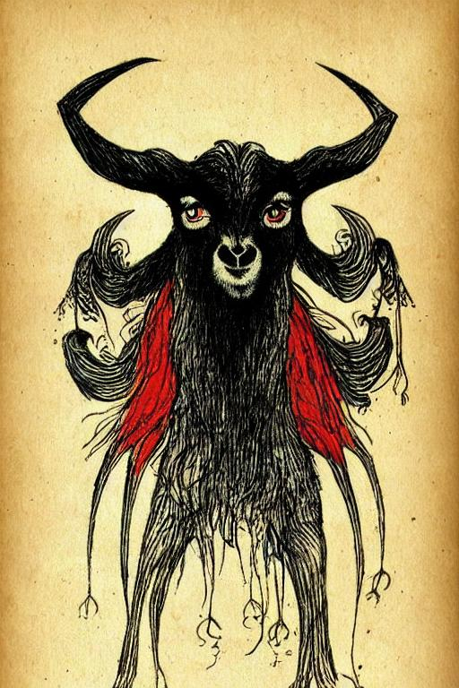 Draw a black goat headed devil with a slim hairy bod...