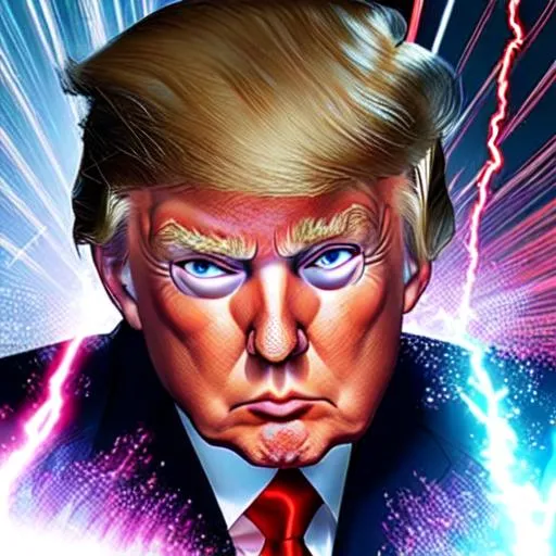 Prompt: a zoomed in picture on Donald Trump. He is a super hero with is hair clicked back. His eyes are glowing red with lasers. 