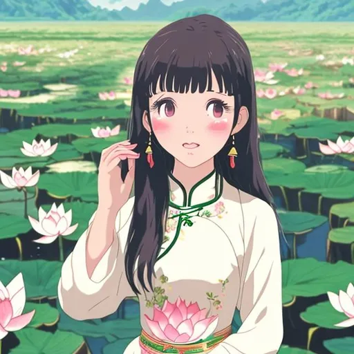 Prompt: aesthetic profile picture anime ghibli, vietnamese girl wearing ao dai traditional vietnamese outfit, rice field background, cute, wlop, lotus