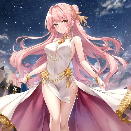 Prompt: A cute woman in a long thin tight dress, she has a golden neckless with a single emerald on it, she is smiling, she has long and fluffy pink hair