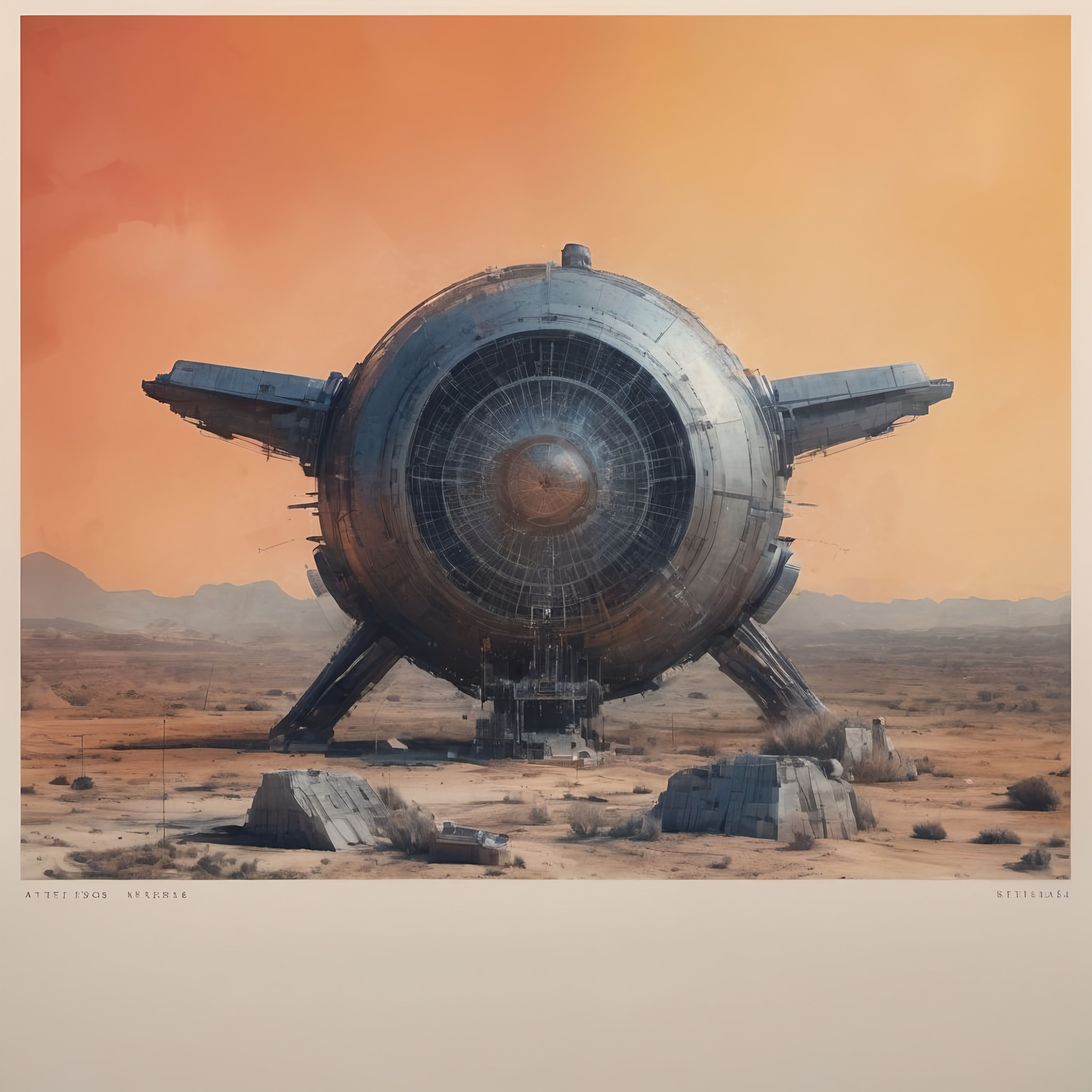 Prompt: a large metal object in the middle of a desert area with rocks and rocks around it and a sky background