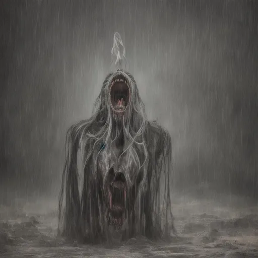 Prompt: A creepy artistic paint of a surreal uman entity, screaming, death, pain, suffering, ruins, fear, under the rain, art effect, onirical