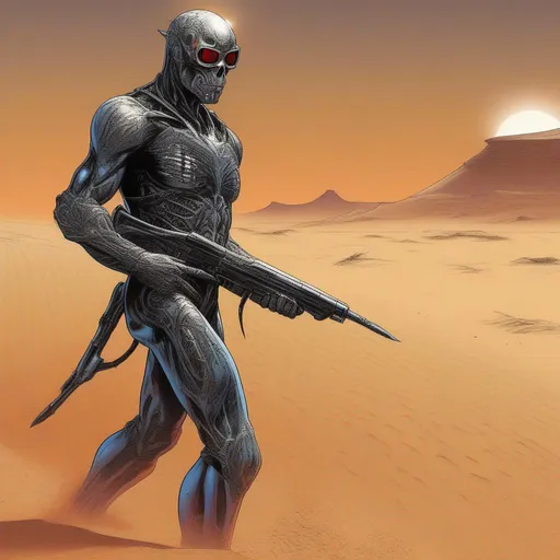 Prompt: A futuristic image of an African Terminator emerging from the sands of the Sahara desert. Its heat-resistant outer shell reflects the scorching sun, while its eyes glow with an intense determination, mirroring the resilience of the arid landscape.
 illustrated in color  by Grant Morrison 