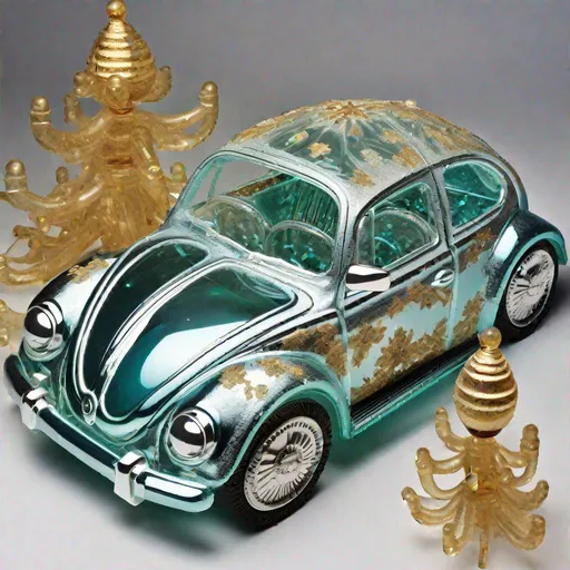 Prompt: A VW beetle made out of glass and cast iron ornaments