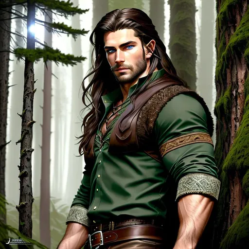 Prompt: Hunter woodsman artwork by Jonathon Earl Browser, detailed Face, dynamic lighting,  handsome, muscular, dark landscape, hyperdetailed, #intense blue eyes, #covered ears, forest, earth art, detailed, fantasy, matte background, #lord of the rings,  #long chocolate hair, #strong features, #square jaw, sharp features,  #brown clothing, #masculine, concept art, detailed painting, intricate, elegant, highly detailed, oil painting, #large chest, artstation, concept art, smooth, sharp focus, illustration, art by artgerm and greg rutkowski and alphonse mucha and william - adolphe bouguereau , artstation, concept art, smooth, sharp focus, illustration, art by artgerm and greg rutkowski and alphonse mucha and william - adolphe bouguereau, UHD, reflections, octane render, 8k, high quality photo realistic, hyper realism, Very detailed, zoomed out view of character, full body of character, 