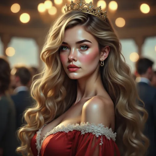 Prompt: a woman in a red dress with gold trimmings and a tiara on her head and shoulders, Chen Hong, fantasy art, highly detailed digital painting, a detailed painting