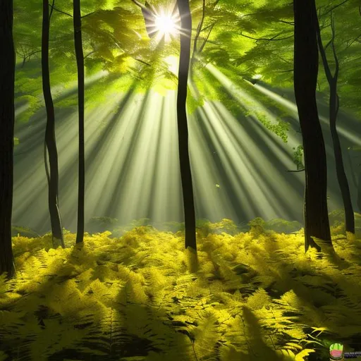 Prompt: a dark and  yellow/green beautiful forest with sunrays shining through the leaves. cartoony digital art