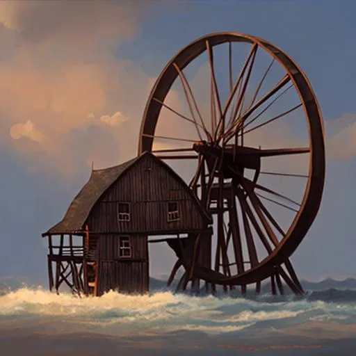 Prompt: Wheel, Across the sea, Watermill is swimming in the ocean, waterwheel, sea, ocean, swimming building