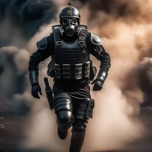 Prompt: A modern roman military male in black military roman armor, and gas mask, running, background sci fi war, Hyperrealistic, sharp focus, Professional, UHD, HDR, 8K, Render, electronic, dramatic, vivid, pressure, stress, nervous vibe, loud, tension, traumatic, dark, cataclysmic, violent, fighting, Epic