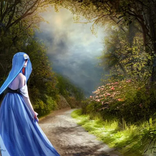 Prompt: long shot medieval stone road near lake bank, petite beautiful young priestess girl, cheerful, long blue, hair, blue eyes, detailed blue veil flying dress, lingerie visible, detailed flower, looking from below, blue sky, sunshine, cloudy, windy, hyper detailed, hyper realistic, cinematic light, digital painting