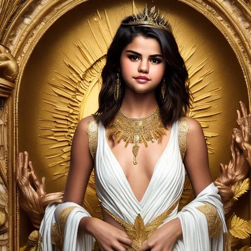 Prompt: selena gomez, beautiful face, detailed face, thin body, anorexic body, lean, queen, royalty, young, white toga, white gown, gold details, gold leaf crown, roman leaf