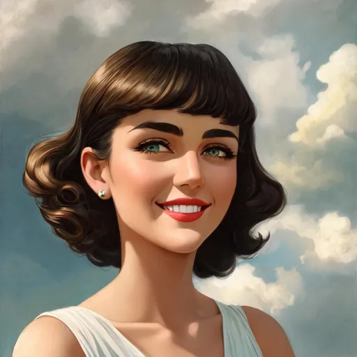 Prompt: 

big smile, beautiful woman in 30's (looks like miley cyrus),  white dress, green eyes, straight dark hair parted in the middle and shoulder length, stormy sky in bg, Dutch Realism style, looking from below, high quality, thin, lightly tanned skin, realistic, thicker brows