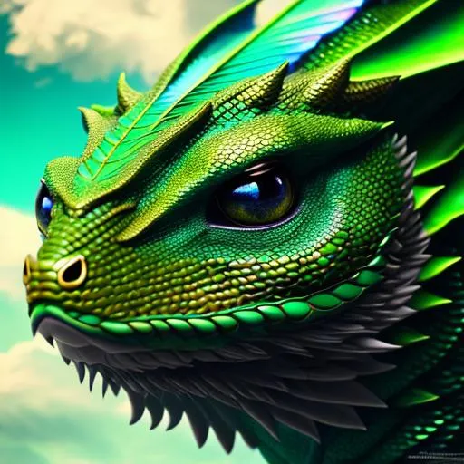 Prompt: a face shot of a beautiful green dragon with an intelligent face looking at clouds with bright turquoise eyes, very glossy and shiny, reflective, symmetrical, perfect composition, hyperrealistic, super detailed, 8k, high quality, trending art, trending on artstation, sharp focus, studio photo, intricate details, highly detailed, Trending on Artstation, Cozy wallpaper, Pastel colors, soft lighting