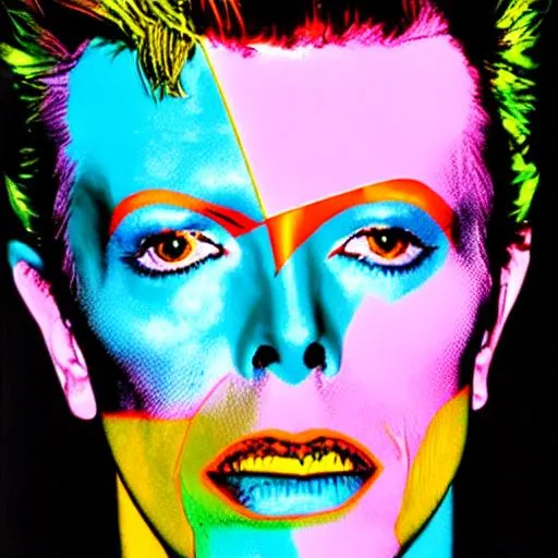 Prompt: David bowie the the art style of Andy Warhol using bright neon colours and pop art style