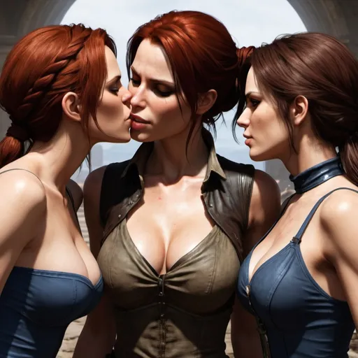 Prompt: Triss Merigold, Miranda Lawson, Lara Croft, Jill Valentine all french kissing each other in minimal clothing in the background magical wars between angels and demons