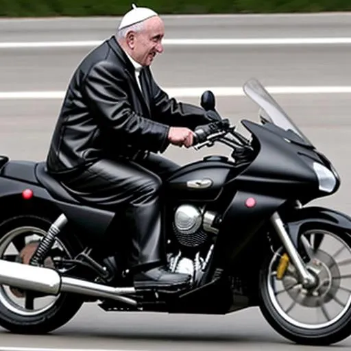 Prompt: The pope dresses in black leather riding a motorcycle.