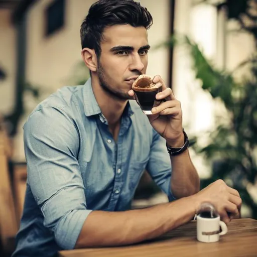 Prompt: foto de hombre joven tomando café