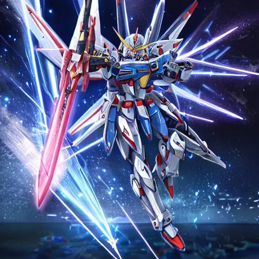 Prompt: epic 3d Full body potrait Gundam with mecha Lightning Armor, Thunder wing, Dual Thunder Sword, Thunder Ornament, Thunder Aura, Blue  Background