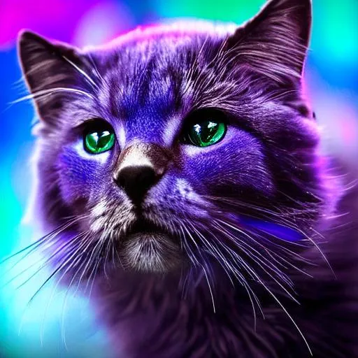 Prompt: Galaxy, purple and blue fur, green eyes, stars in fur, space background, ultra realistic