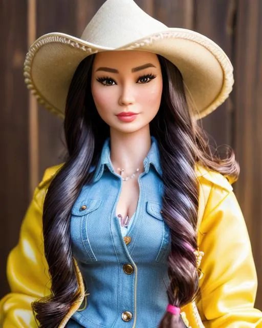 Prompt: a highly detailed portrait photograph of a beautiful cowgirl barbie doll, mix of lucy liu and fan bingbing, wavy hair, segmented model, mattel barbie aesthetic, made of plastic, segmented silicone doll, wearing a denim jacket, rustic western clothes, designer jeans, revolver holster, sheer cotton, banana yellow accent, low cut blouse, push up blouse, ultra detailed, detailed plastic skin, studio lighting, f2 24mm