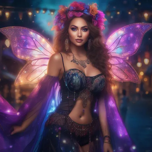 Prompt: Fully zoomed out,  100% full  body shot, head to toe image of an exquisite, beautiful, hyper real, buxom, woman with incredibly bright, glowing eyes, wearing a colorful, sparkling, dangling, glowing, gossamer, boho, skimpy, gothic, flowing, sheer, fairy, witches outfit on a breathtaking  night with glowing, hyper real sprites with wings flying about