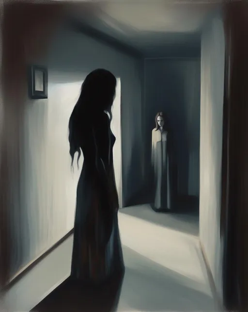 Prompt: A conceptual illustration depicting anxiety as a ghostly figure looming over a worried young woman alone in a dimly lit room. Heavy shadows and desaturated cool tones create an uneasy atmosphere. The woman's body language conveys tension and unease. Rendered in a moody, expressive painting style. Impasto pallette knife oil painting 