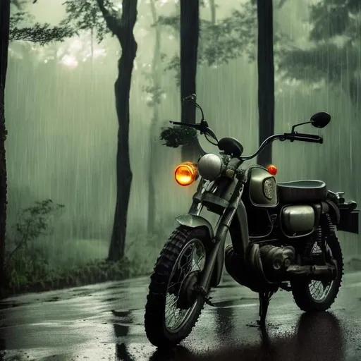 Prompt: the forest woods and a sad men whit a motocaicol  in the rain 
