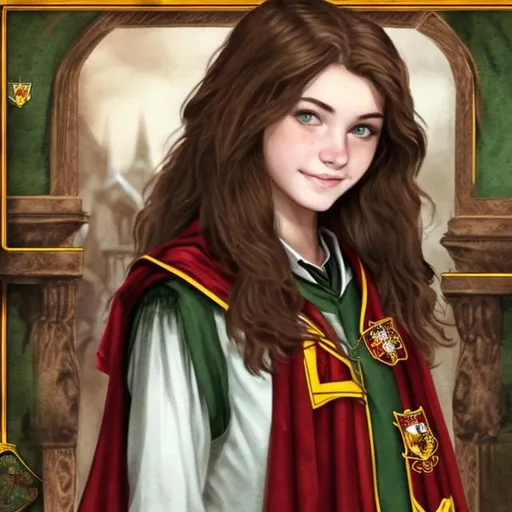 Brown-haired, Green-eyed Woman As A Gryffindor Stude 