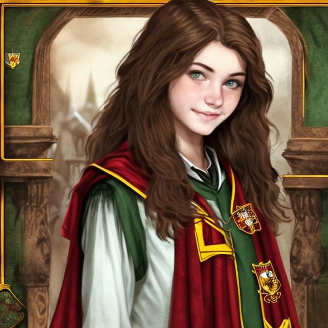 brown-haired, green-eyed woman as a Gryffindor stude... | OpenArt