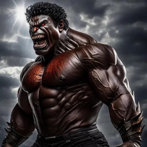 Prompt: High-resolution hyperrealistic photo of {shadow-king} amahl-farouk merged with bruce-banner [incredible-hulk], inky-black skin, {burning-orange eyes}, vicious grin, filed teeth, deep-shadows, possession, photorealistic, highly detailed, uhd, hdr, 64k