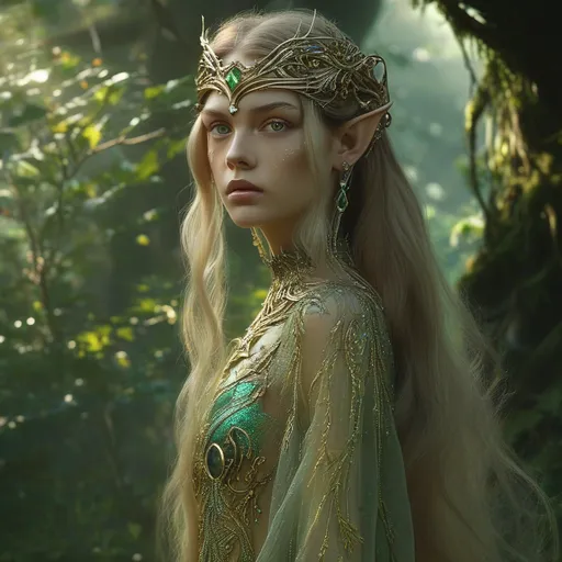 Prompt: Female elf royalty, elegant and regal aura, intricate ornate gown sparkling with emerald and gold accents, delicate silver tiara studded with gemstones, ethereal long flowing hair cascading down her back, poised posture radiating strength and grace, lush green forest background dappled with sunlight, lush foliage and ancient trees, mystical ambiance, enchanting atmosphere, charming and captivating, ultra-detailed, 4K quality.